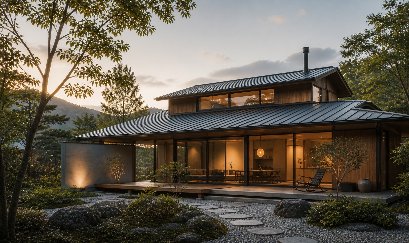 Modern Japanese home with garden at dusk