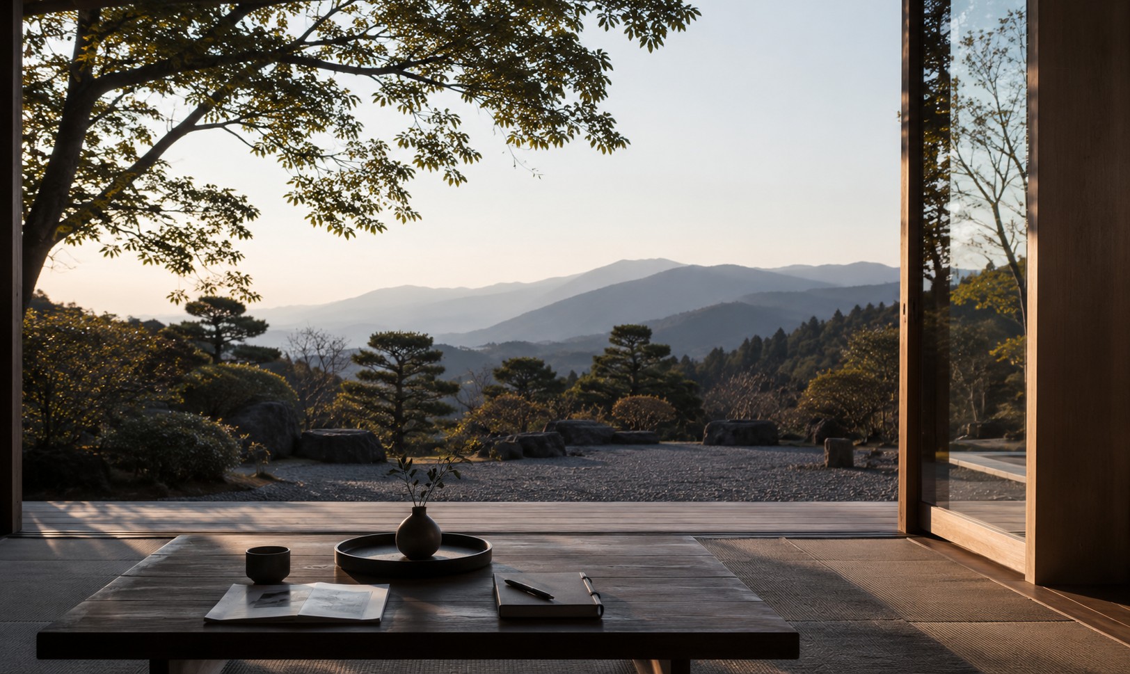 Zen interior overlooking Japanese garden and mountains at golden hour