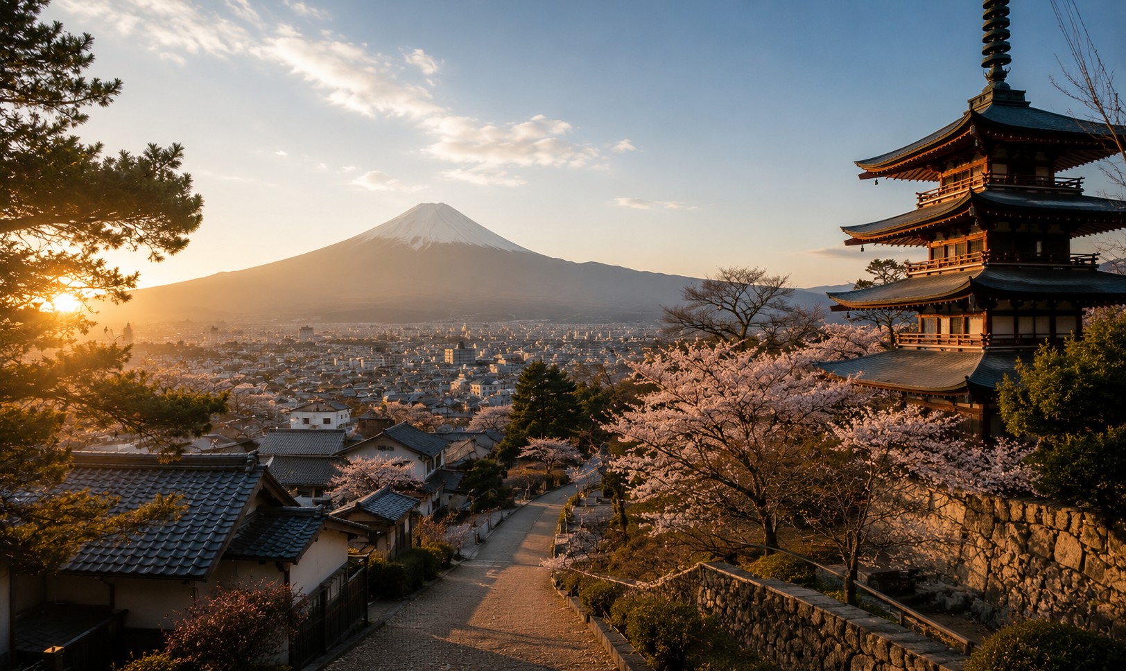 Mount Fuji with pagoda and cherry blossoms at golden hour